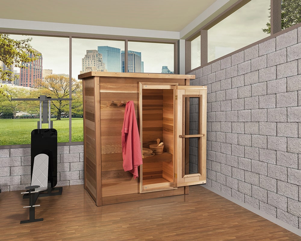Leisurecraft Indoor Cabin Sauna installed in a home gym