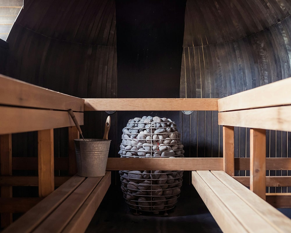 sauna interior: benches and heater