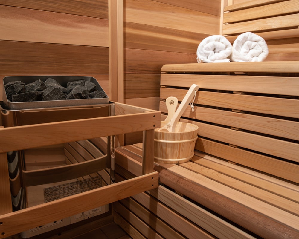 Leisurecraft sauna interior: bench with accessories||