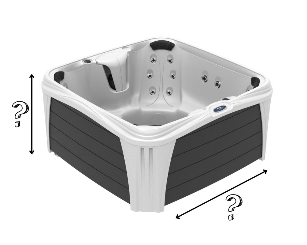 choosing the right size for hot tub|a hot tub on a wooden deck with a pool and trees in the background|three women are sitting in a hot tub