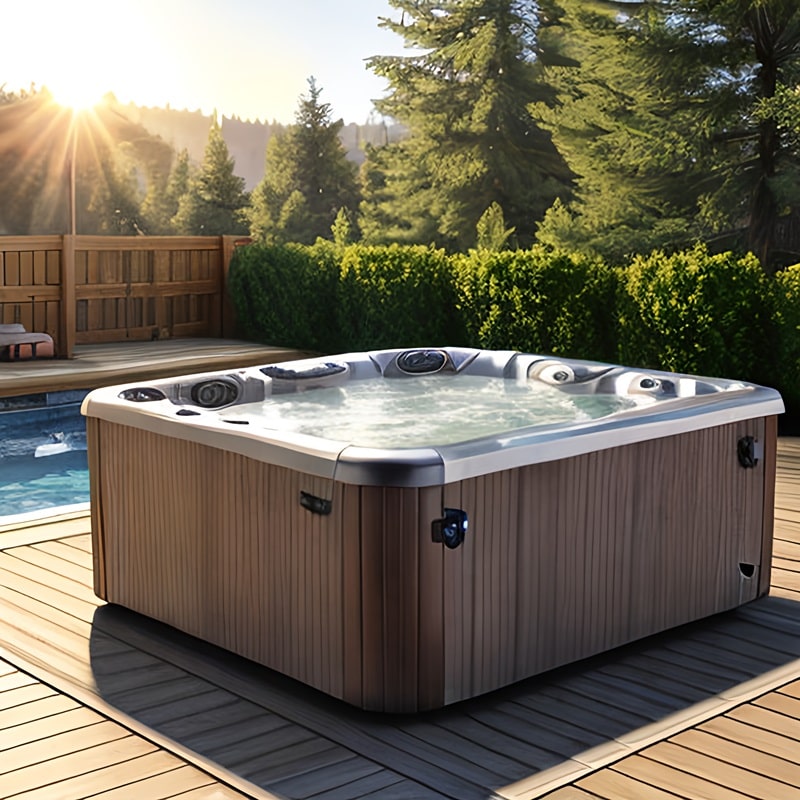 a hot tub on a wooden deck with a pool and trees in the background
