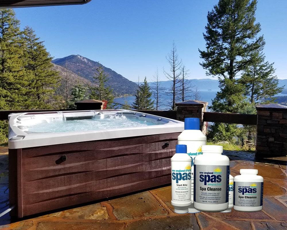 new england spas water care products in front of hot tub|nes water care products bundle
